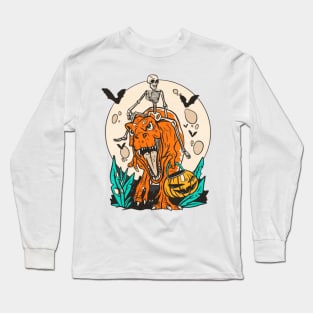 Skeleton Riding T-rex With Pumpkin Long Sleeve T-Shirt